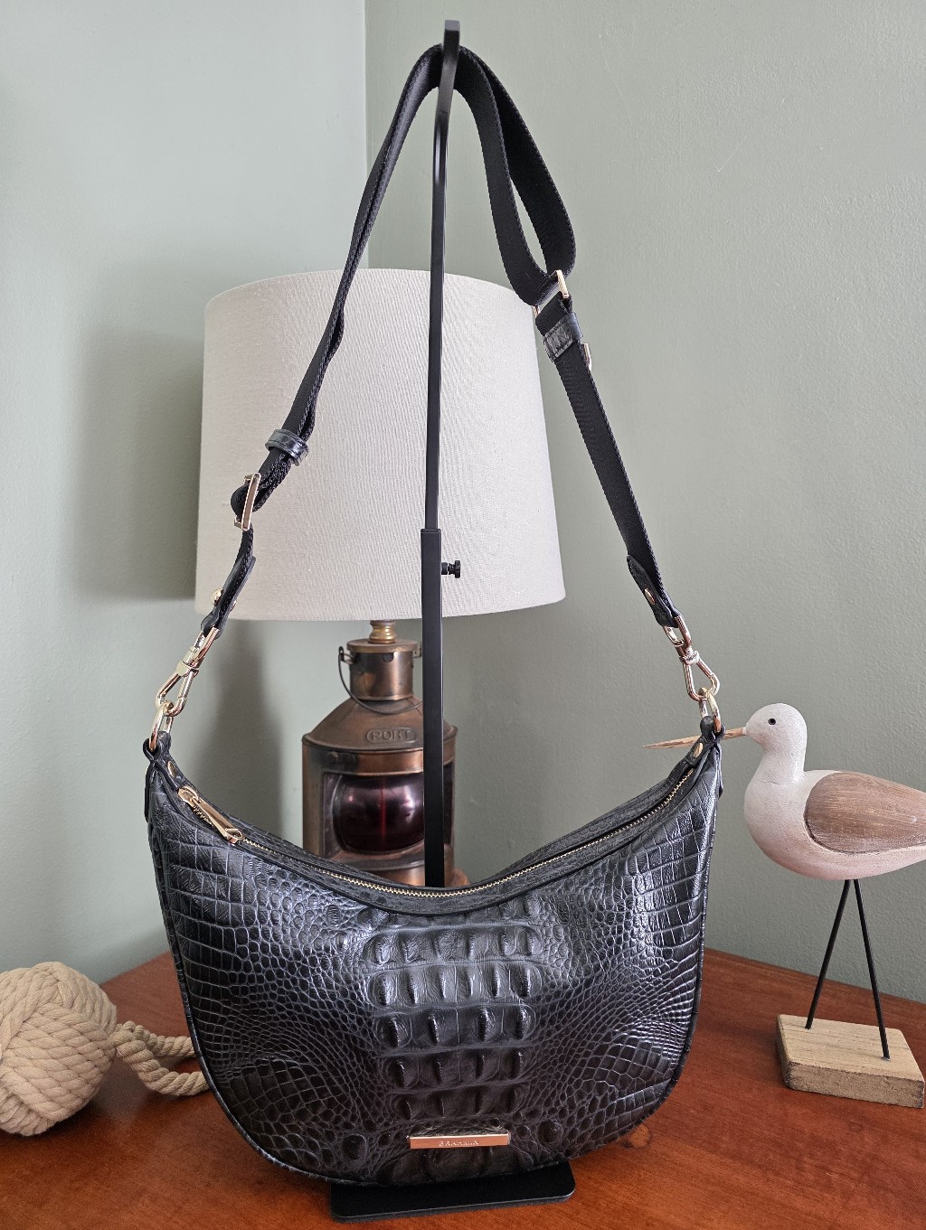 Brahmin Percy Black Alden Road Croc Embossed Crescent Crossbody Bag